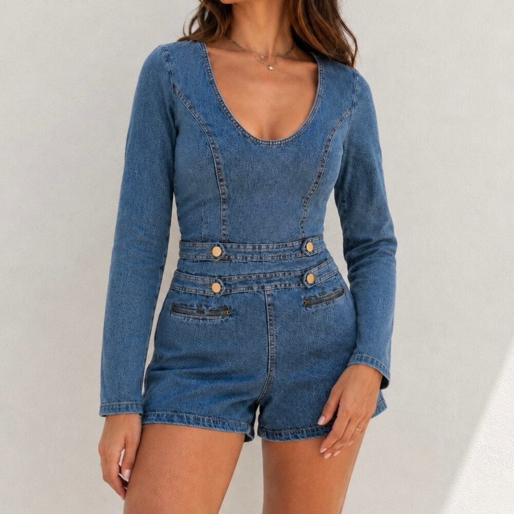 Selfie Leslie Denim Long Sleeve Romper M Y2K Moto Utility
